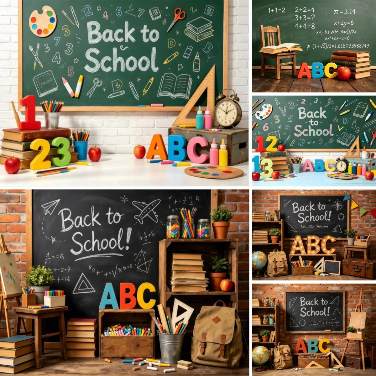 Back to School Backdrop for Classroom Teaching Kids Student Portrait Blackboard Book ABC Learning Tools Photography Background
