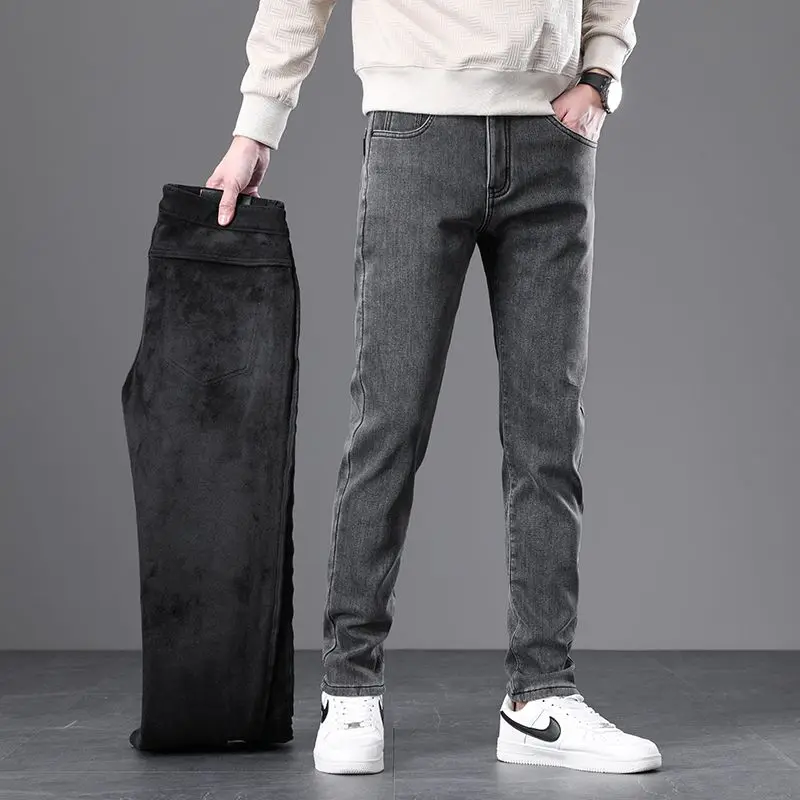 New Winter Business Men's Fleece Jeans Casual Straight Stretch Fashion Classic Blue Black Work Pant Denim Trousers Male Clothing