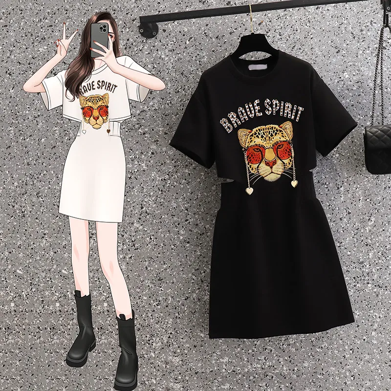 Frauen Mode y2k T-Shirt Kleid neue Sommer Kurzarm coole Tiger Stickerei Taille Baring Kleider High Street Kleidung