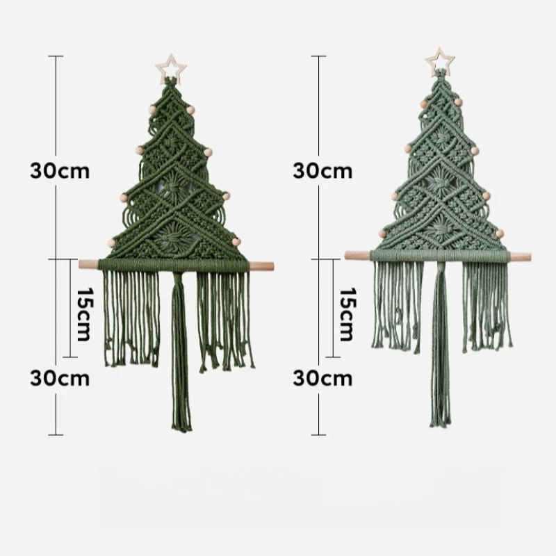 Macaron Hand Woven Christmas Tree Macrame Wall Hanging, Cotton Rope Wooden Stick Boho Tapestry, Xmas Wall Decor for Living Room - view 6