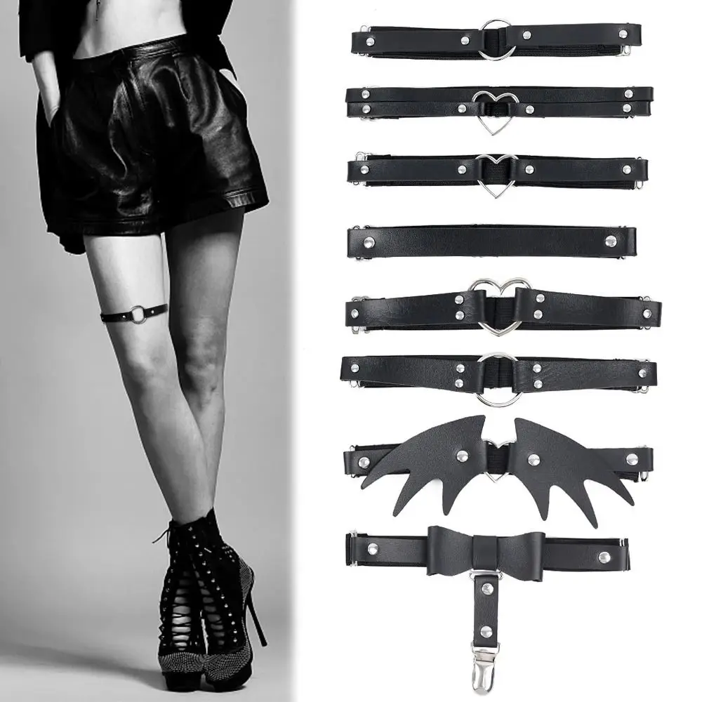 1Pcs Elastic Straps Leg Garter Belt Black Heart Women Leg Loop Leg Suspenders Handmade PU Leather Thigh Harness Stockings