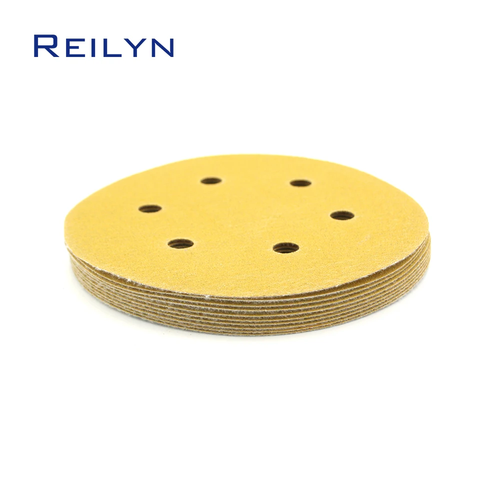 Roda de lixa de 5 polegadas, 125mm, 6 furos, amarelo, flocado, autoadesivo, almofada de polimento, metal, madeira, disco de lixa com 10 peças