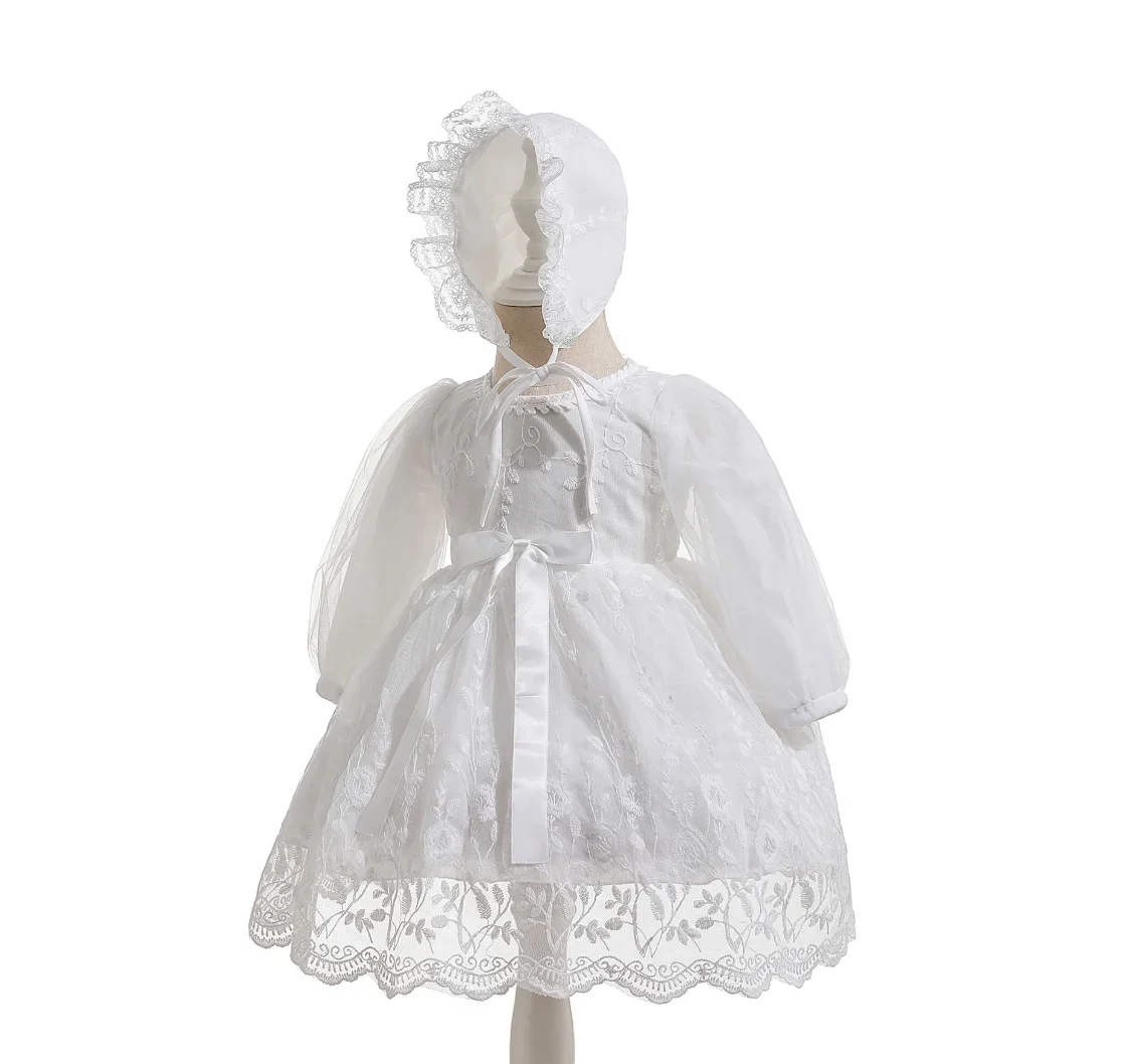 1st Birthday Party Dresses For Girl Newborn Autumn White Lace Princess Baby Baptism Dress With Hat Infant Christening Ball Gowns