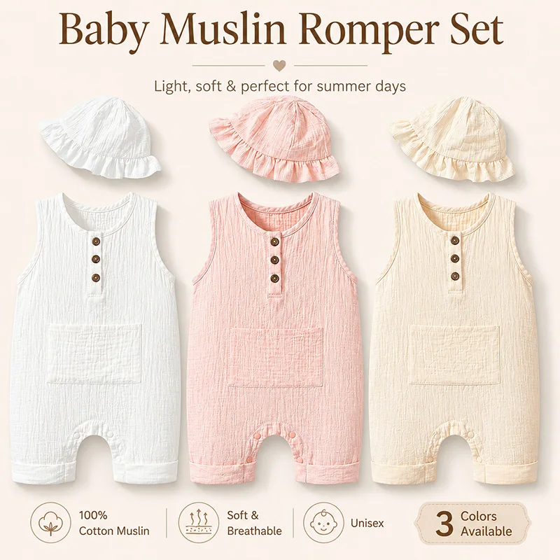 Musselin Baby Strampler mit Mütze Set 2-teilig, Sommer-Babykleidung aus weicher Baumwolle für Mädchen, Kleinkind-Outfit, Overall für Jungen