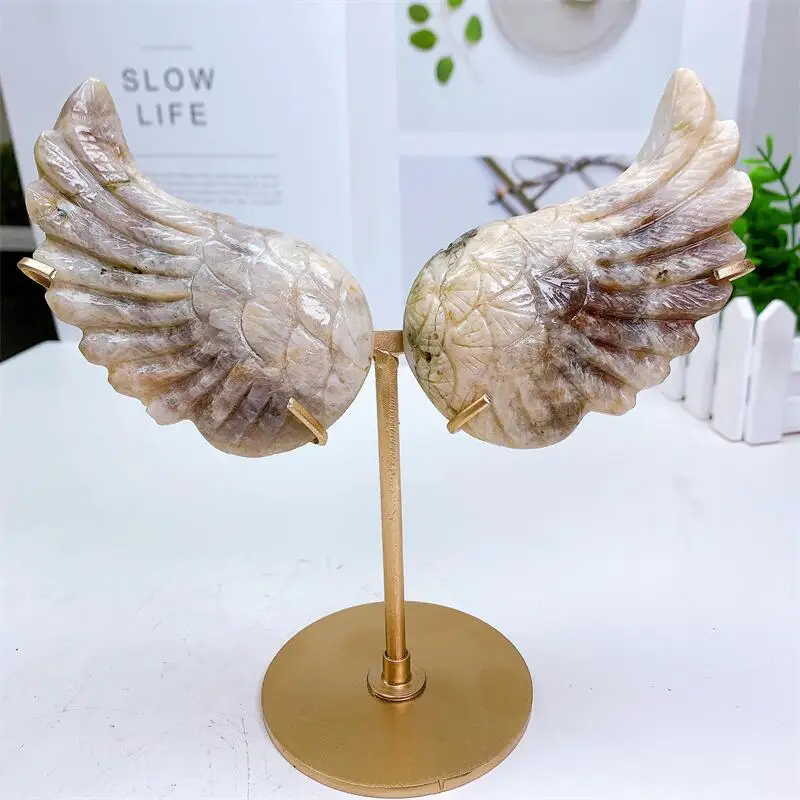 

Natural Moon Stone Angel Wings Crystal Carving Reiki Healing Gem Crafts For Desk Decoration Or Christmas Gift 1pair