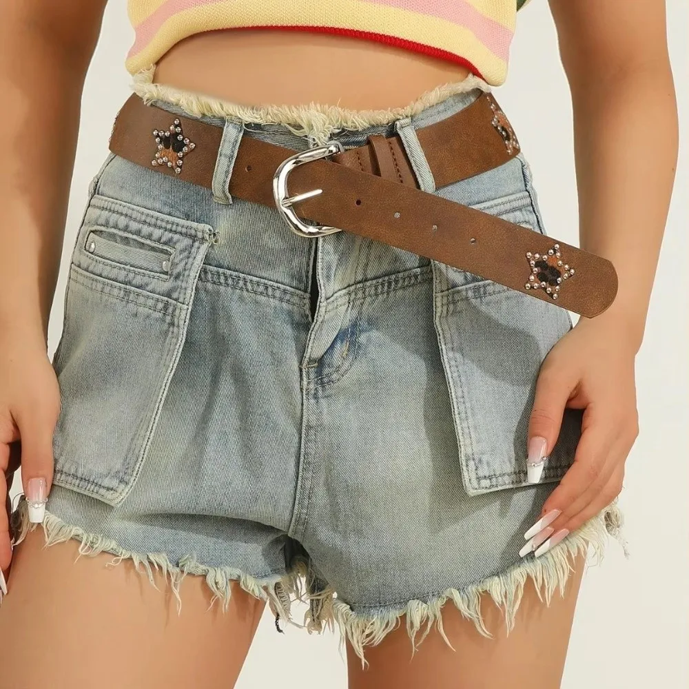 

Retro Star Retro Jeans Belt Gothic Rivet Metal Buckle Belts Harajuku Korean Style Pu Leather Waistband Lady