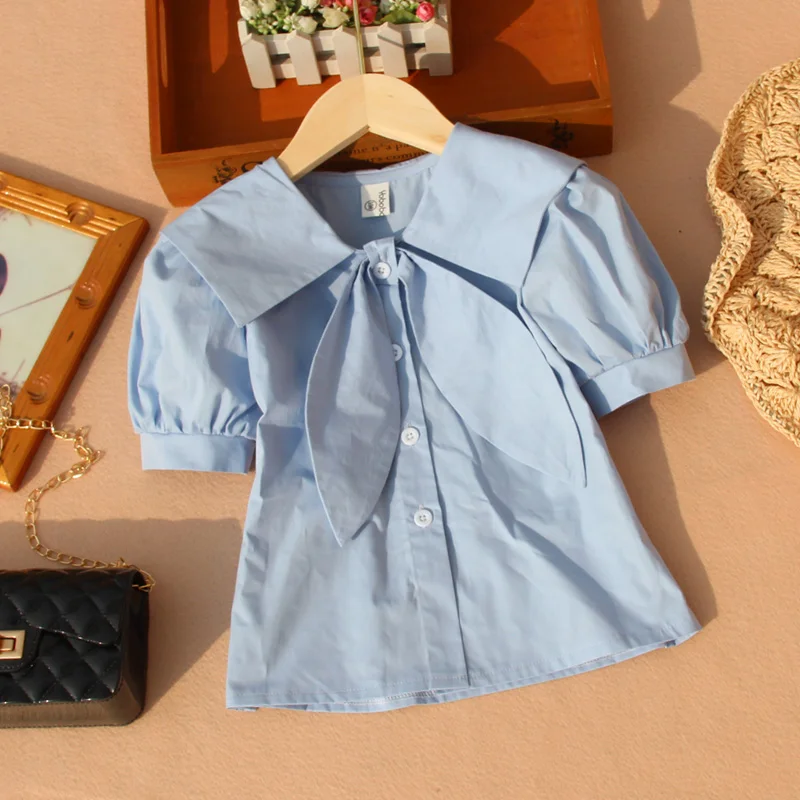 Summer White Shirts for Teenage Girls Fashion Children Puff Sleeve Tops Solid Color Blue Short Sleeve Blouses with Big Bow Tie