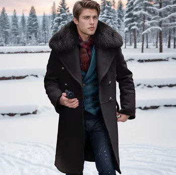 Men's Fur Collar Wool Coat 2 European and American Men's Casual Woolen Coat for Autumn and Winter, Young Men's Double-breasted Fur Collar Overcoat S-5XL 2