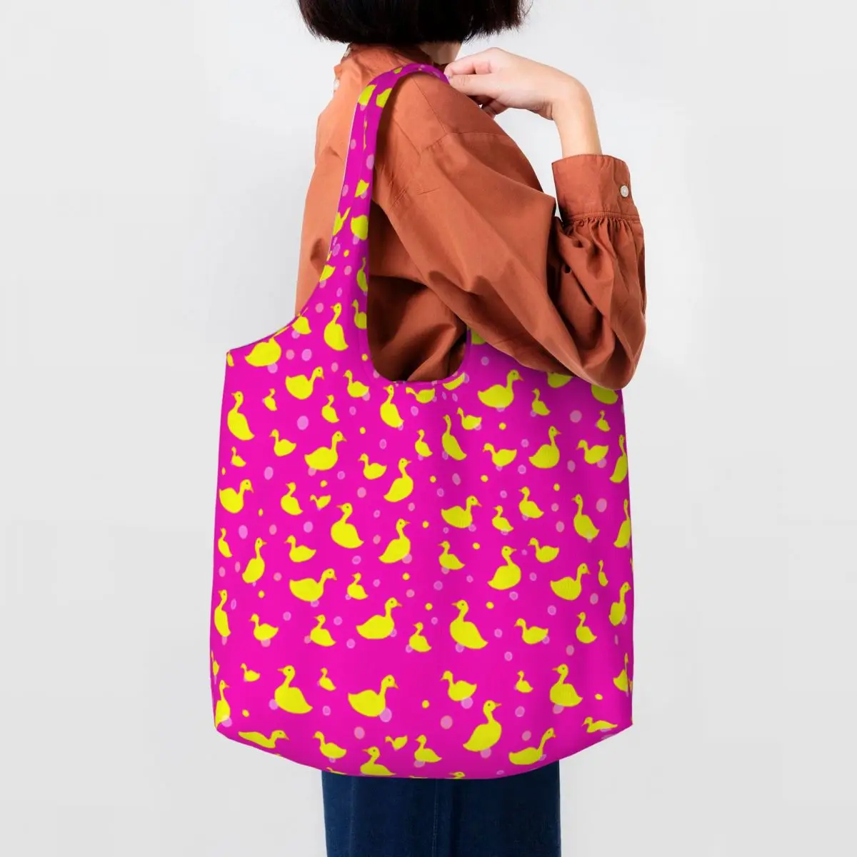 Custom Rubber Ducky Pink Canvas Shopping Bag Women Washable Large Capacity Grocery Shopper Tote Bags