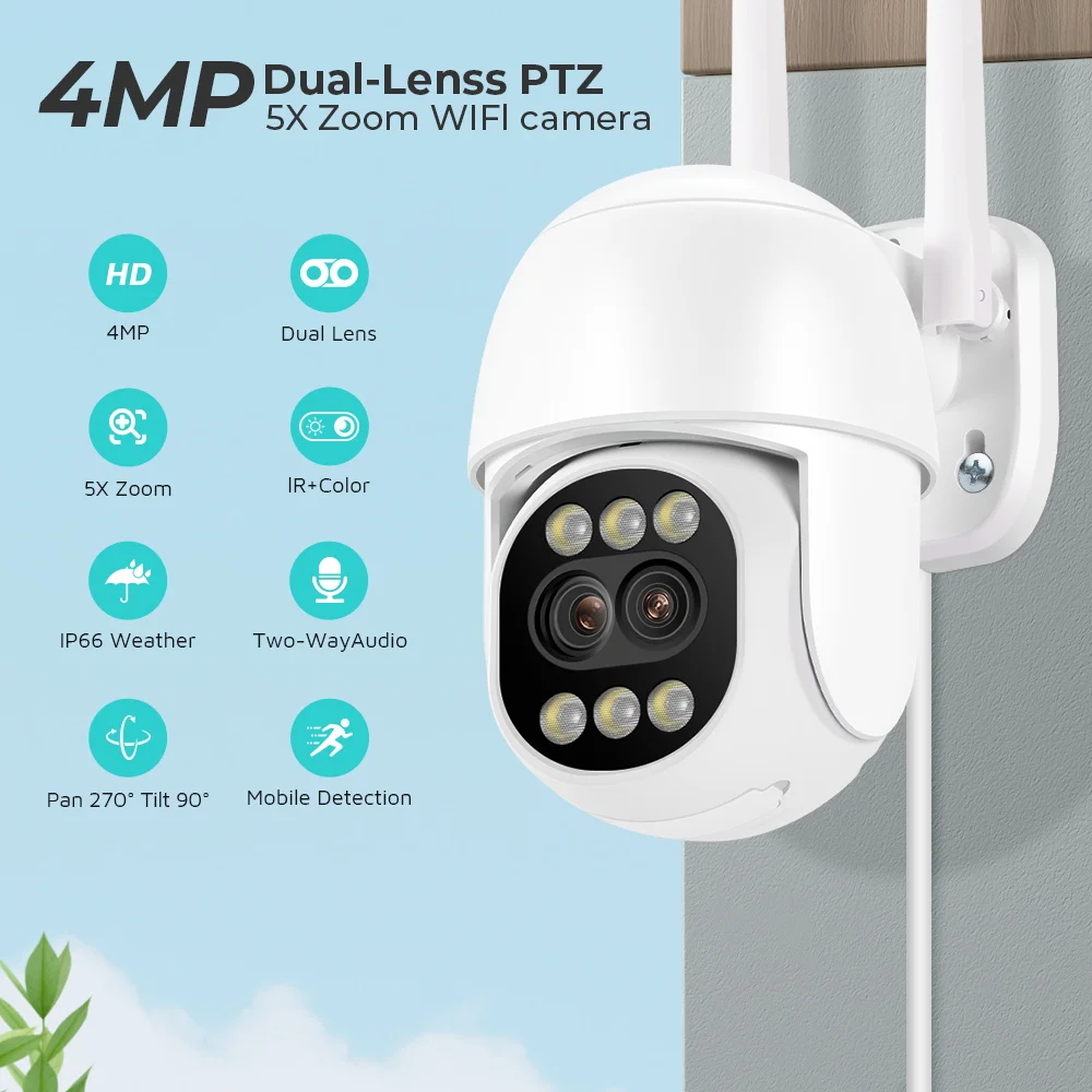 4MP 2K IP Camera Dual Lens Outdoor PTZ Camera Security WiFi Camera AutoTracking Color Night Vision CCTV Video Surveillance ICSEE