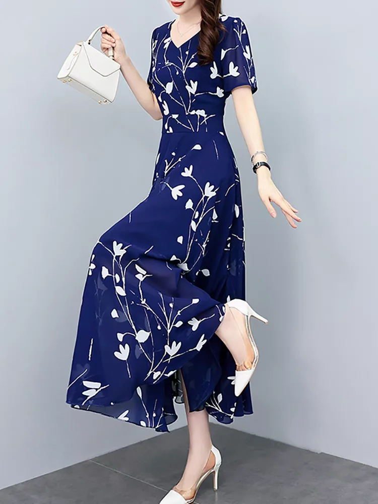 Ice Silk Floral Print A-Line Dress Women's Fashion Summer Casual High Waist Short Sleeve Comfortable Cooling Large Size Dress