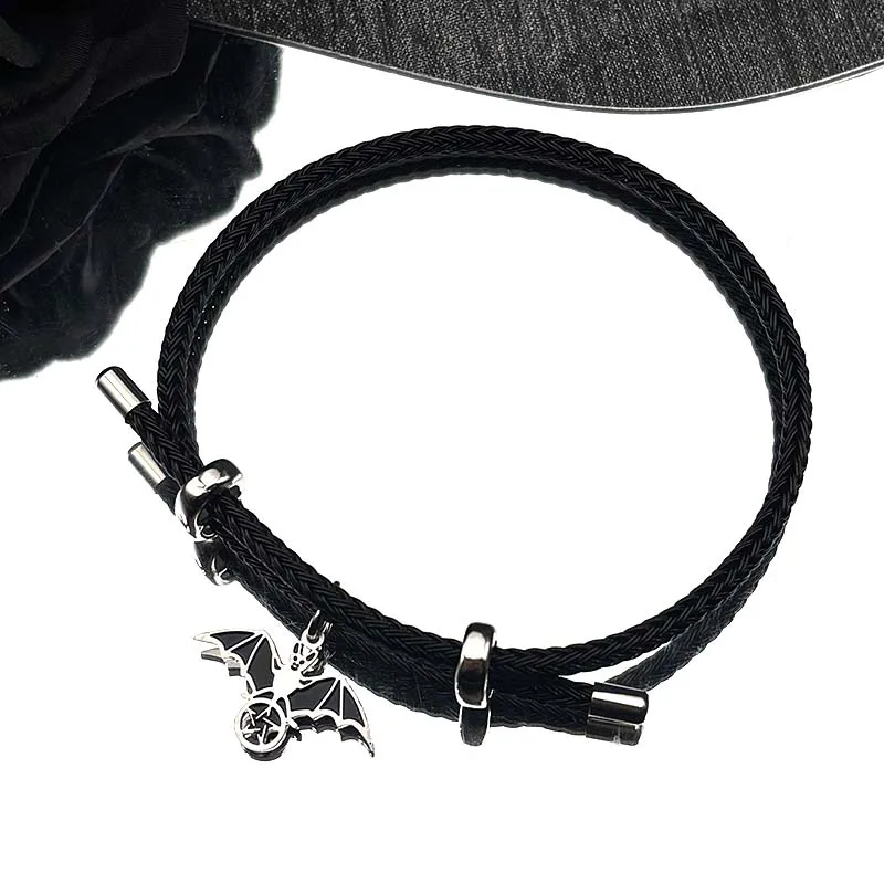 

Gothic Witchcraft Pentagram Bat Enamel Stainless Steel Bracelet for Women Men Black Color Resizable Hand Chain Animal Jewelry