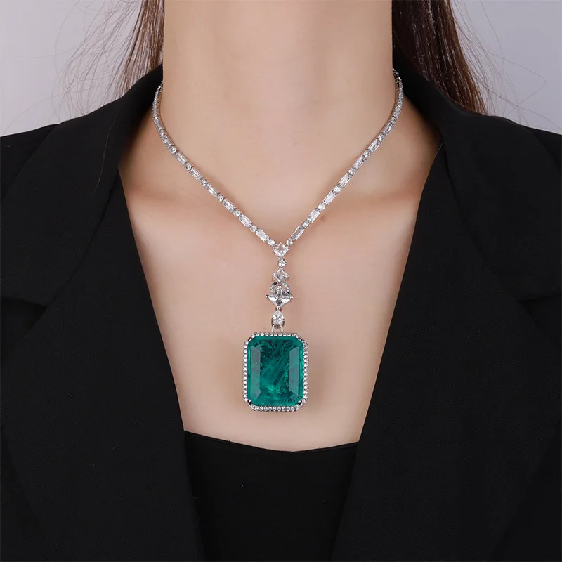 New Jewelry Plated Emerald Square 24*30 Luxurious Inlaid Large Pendant Necklace