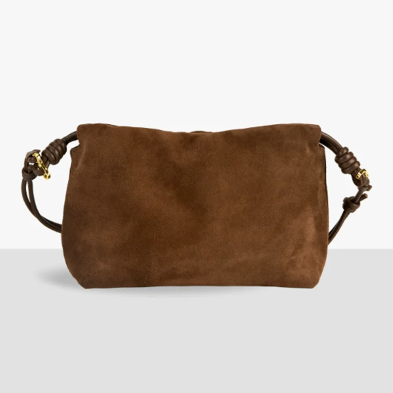 Retro matte cowhide square bag for women 2025 new style fashionable Suede drawstring single-shoulder crossbody bag