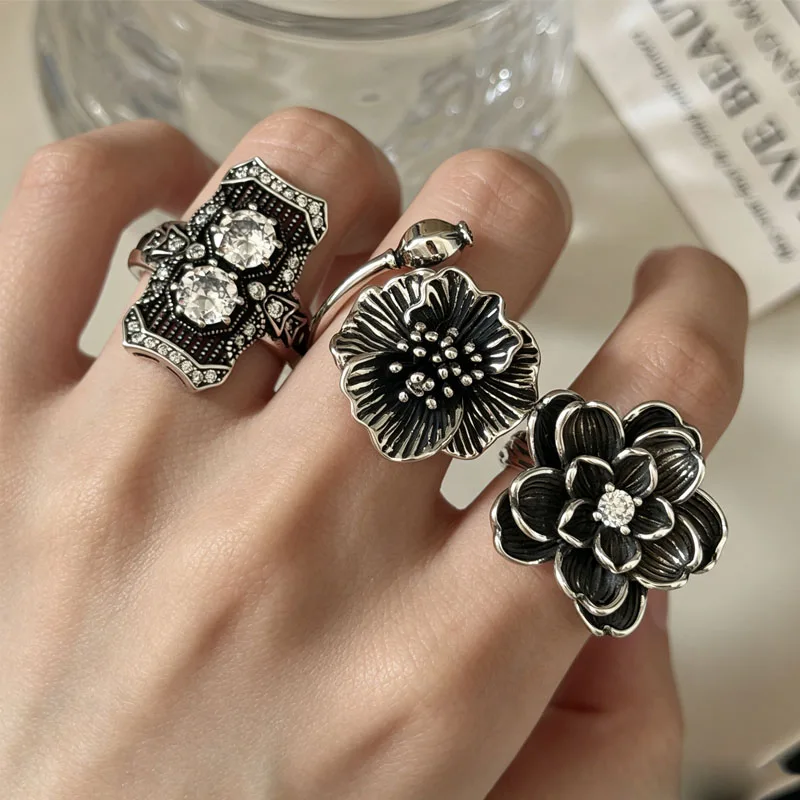 BF CLUB 925 Sterling Silber Ring für Damen, Schmuck, Retro-Blumen-Design, offener Vintage-Ring, handgefertigt, hypoallergen, ideal als Geschenk für Partys oder Geburtstage. – Detail 5