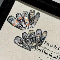 Handmade Press on Nails Egyptian Cat Pharaoh Cute False Nails Sweet Cool Spicy Girl Style Cat Eye Long Almond Fake Nail Tips