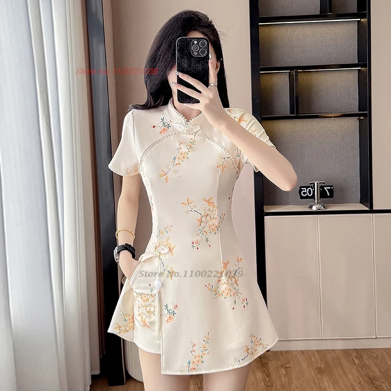 

2025 chinese improved cheongsam nightclub dress traditional flower print qipao dress+shorts set oriental hotel spa work dress