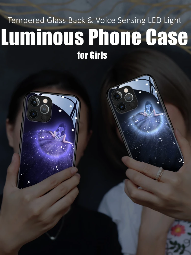 

Voice Sensing Colorful LED Light Glowing Luminous Tempered Glass Princess Phone Case for Girls Gift Redmi Xiaomi 11 12 13 Series