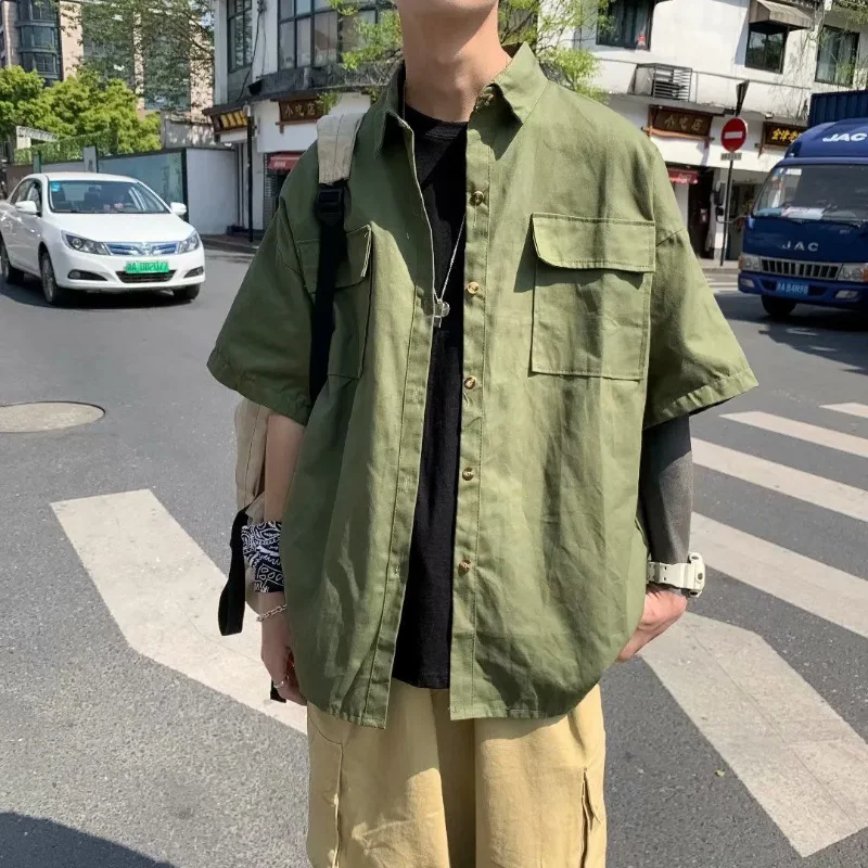 Men's Japanese Style Cargo Short Sleeve Shirt Loose Retro Streetwear Casual Blouse