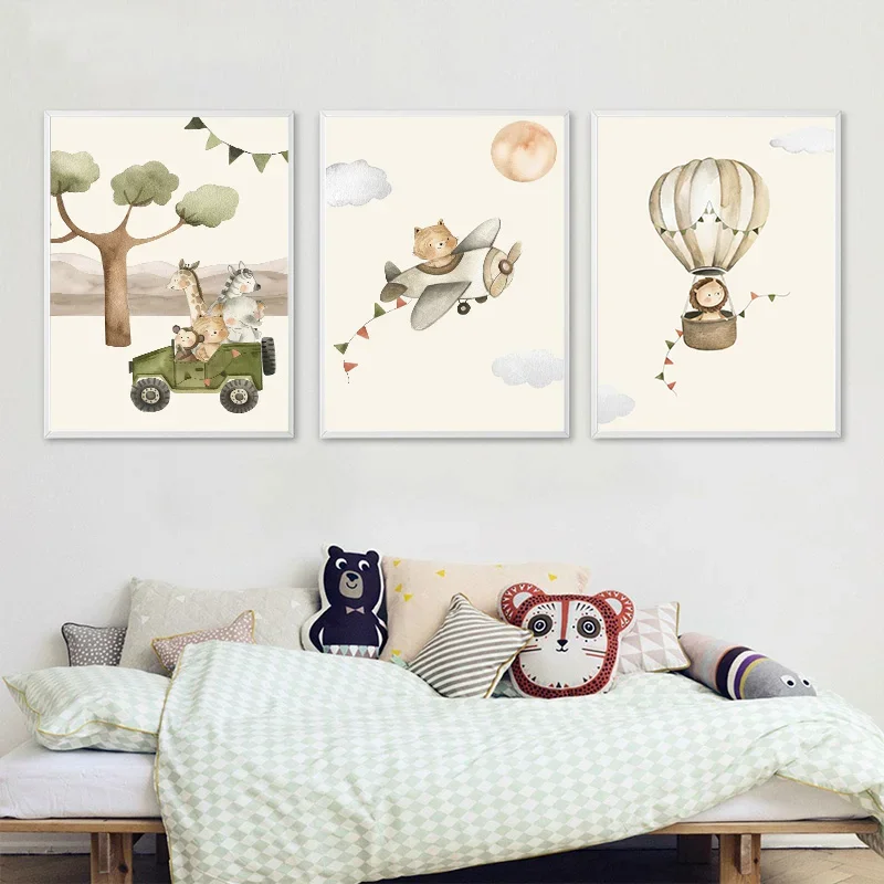 سفاري مغامرة الكرتون المشارك منطاد الهواء الساخن طائرة سيارة غرفة الأطفال قماش اللوحة مجال الحضانة غرفة نوم جدار الفن