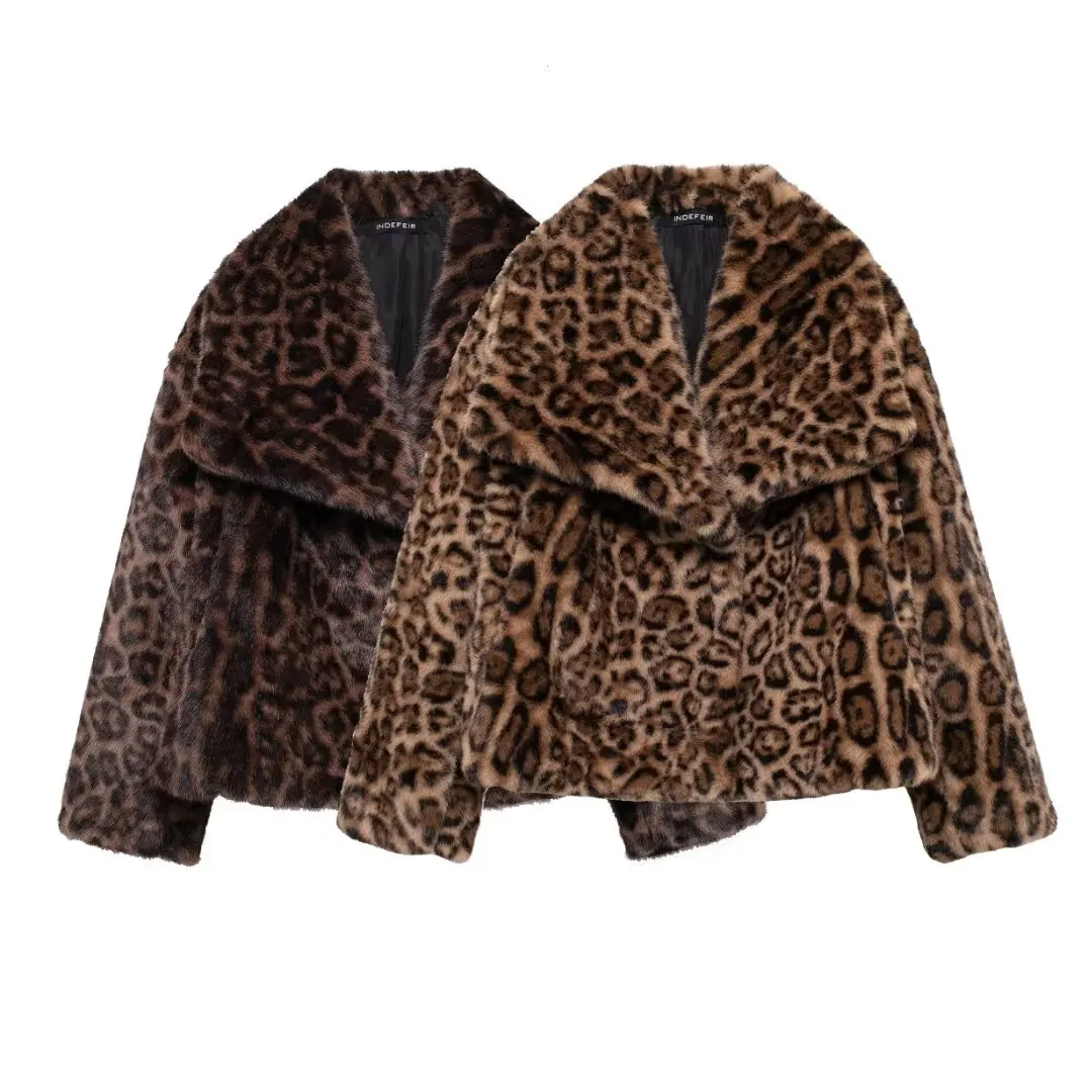 European and American style winter new fashion versatile lapel leopard print faux fur coat