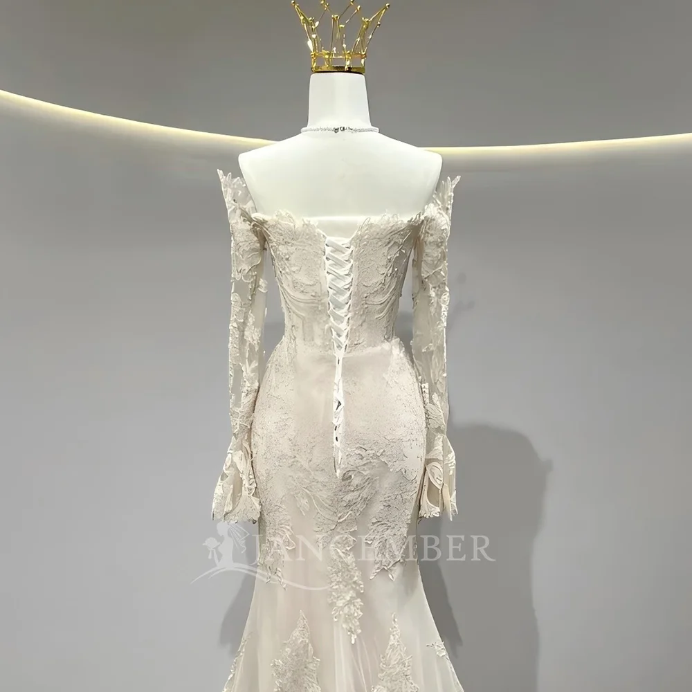 플러스 사이즈 웨딩 드레스 긴 소매 맞춤형 신부 드레스 보트 넥 비치 맞춤형 보헤미안 시크 머메이드 로브 마리에 코트 트레인