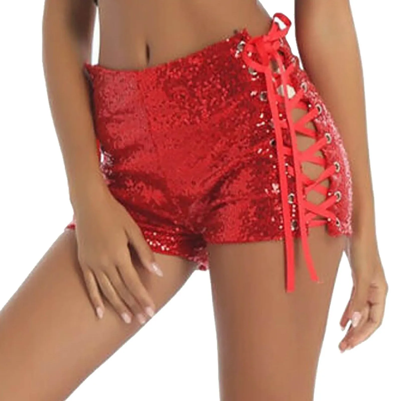 

Sexy sequined side strap shorts women mid waisted hollow out straight legs shorts stage show solid slim fit lace up shorts