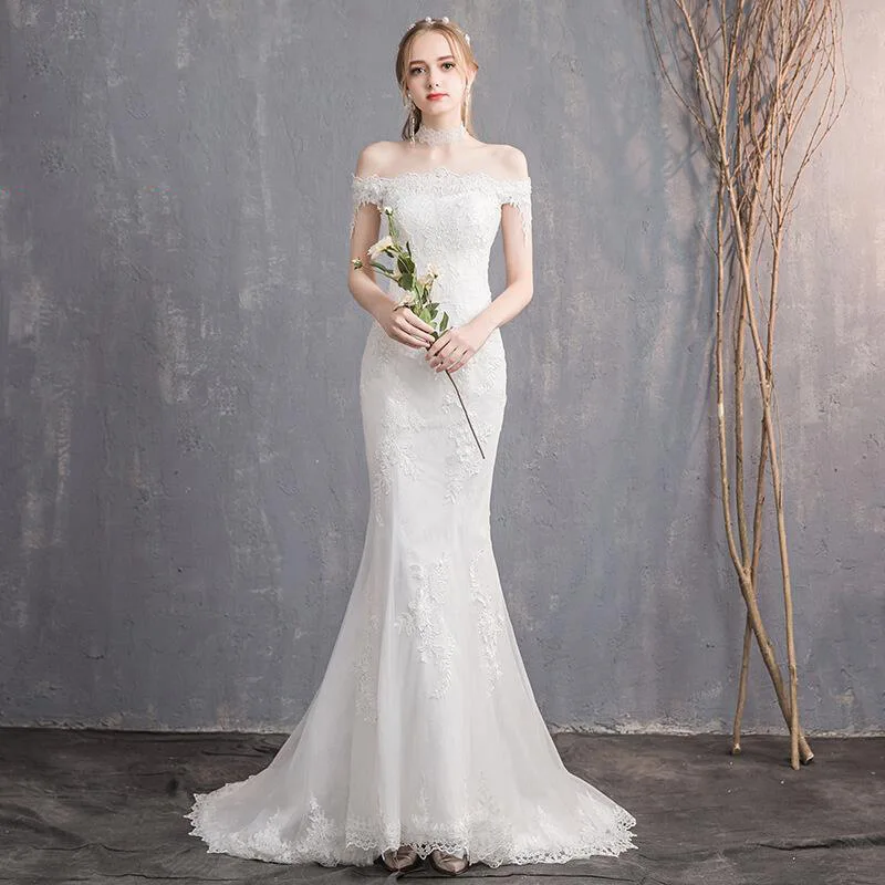 One-word shoulder fishtail light wedding dress 2024 new autumn banquet small trailing