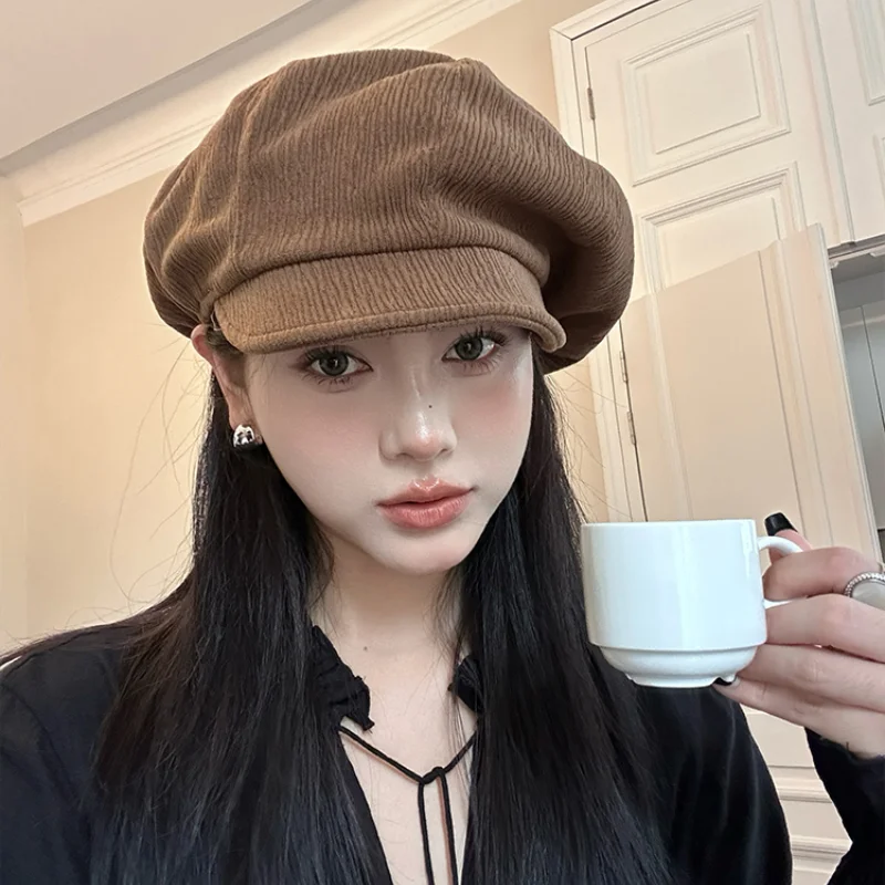Vintage Maillard Brown Berets Casp for Women Show Face Small Summer Autumn Thin Niche Pleated Texture Versatile Octagonal Hat