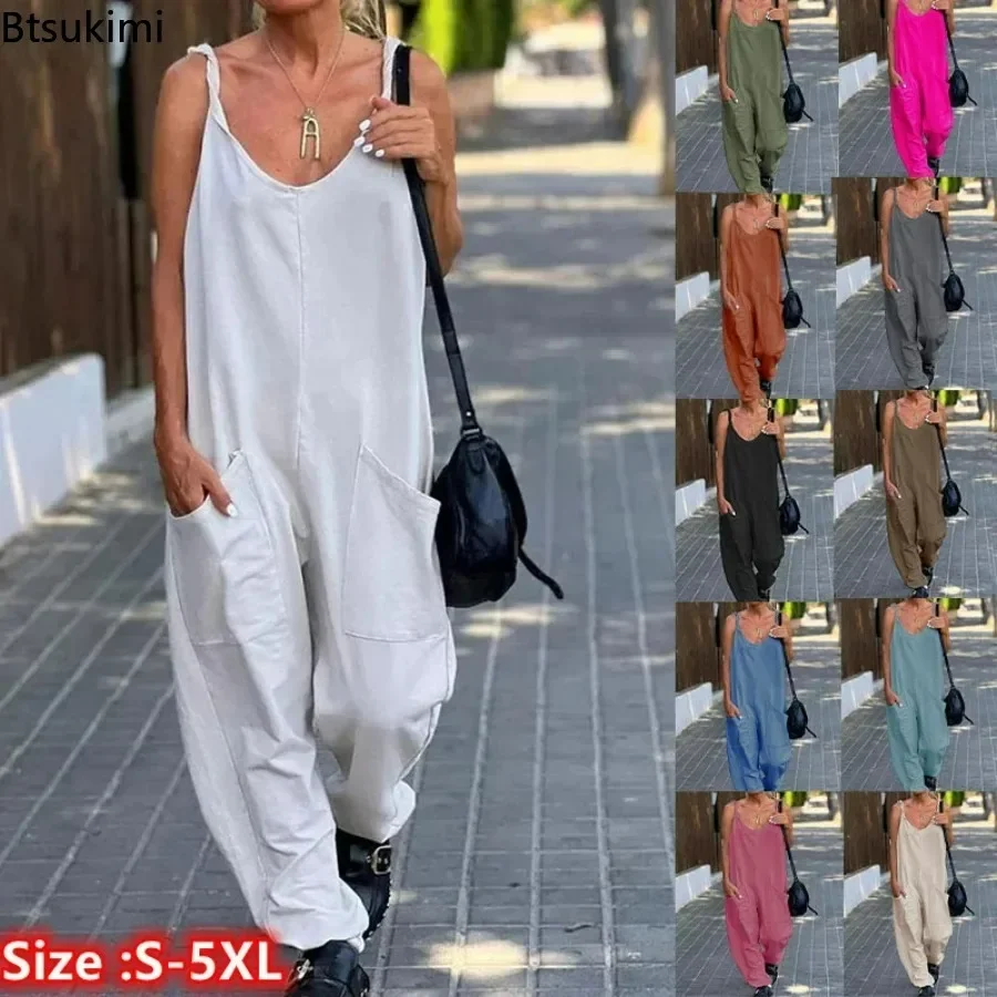 

2025 Women's Plus Size Casual Wide Leg Jumpsuits Solid V Neck Low-cut Daily Wear Oversized Overalls Female Outfits Backless 5XL