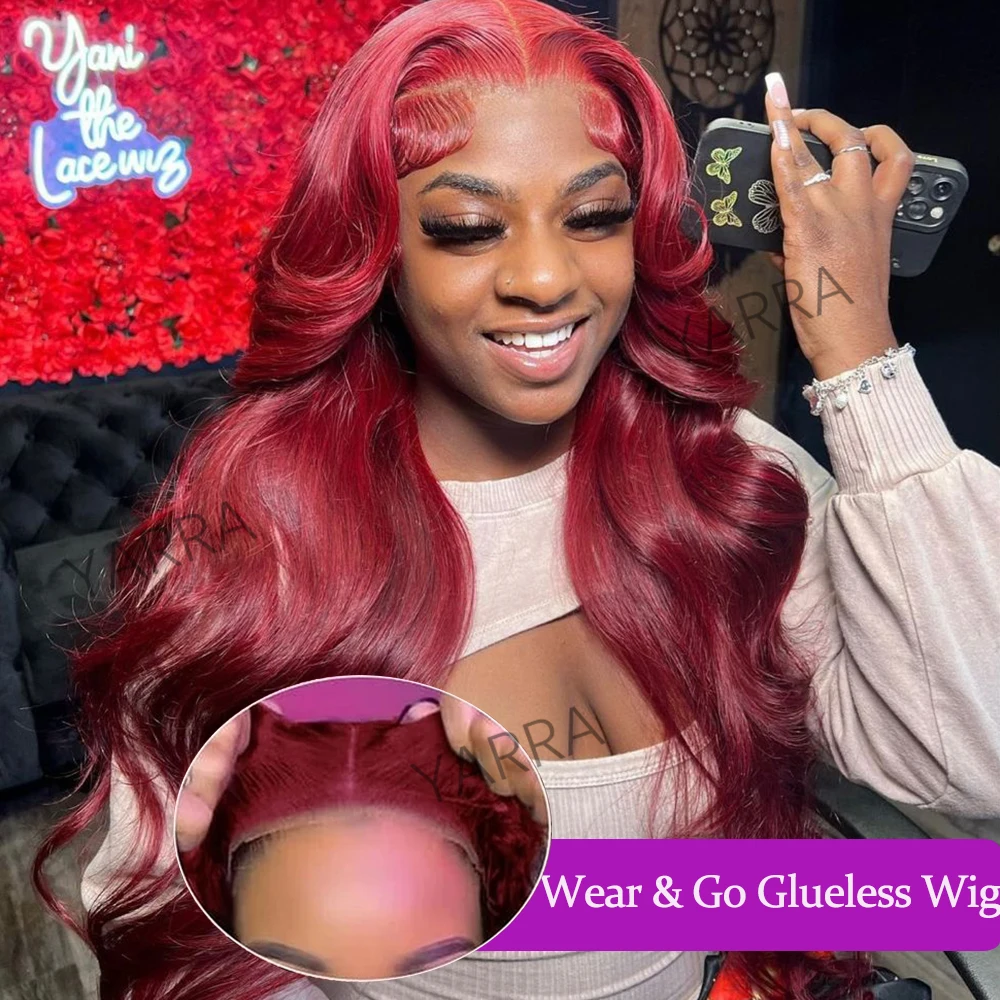 

Burgundy Glueless Body Wave Lace Wig Pre Cut Transparent Colored 99J Lace Human Hair Wigs Ready To Wear 6x4 Lace Closure Wig