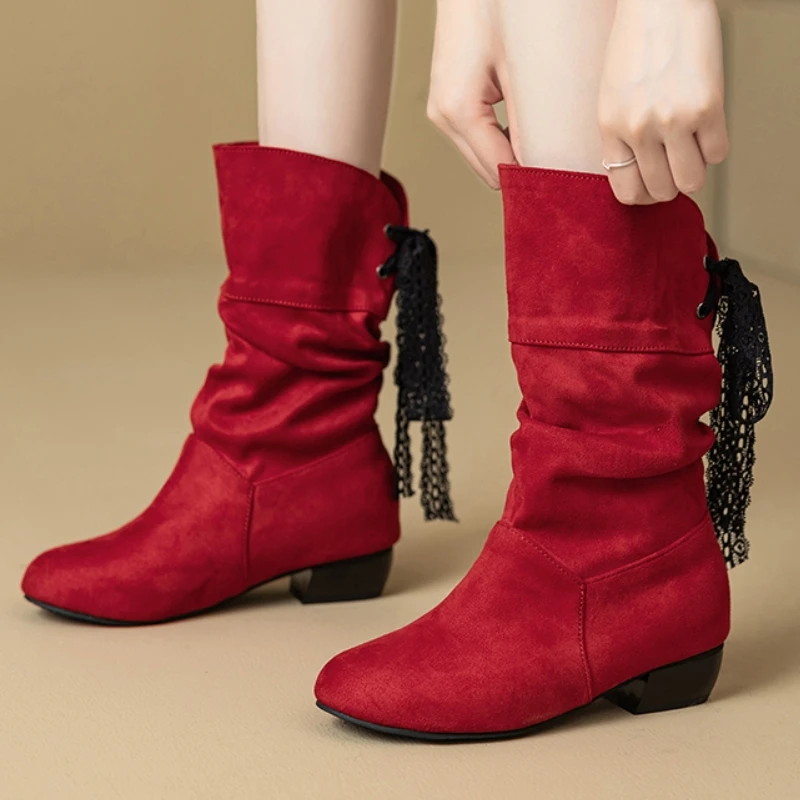 

Модные женские ботинки до середины икры, весенние туфли, плиссированные черные и красные ботинки на каблуке, обувь для вечеринок, женская обувь больших размеров 47