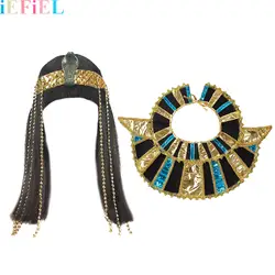 Cleopatra Egyptian Queen Wigs Fringe Beads Snake Headband Blunt Bangs Straight Hair Wig Neck Collar Halloween Cosplay