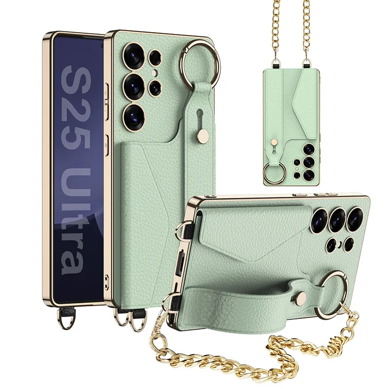 

S25 Ultra Card Holder Ring Wrist Strap Stand Phone Case for Samsung Galaxy S25 Ultra S24 S23 Hardware Chain Simple Leather Cover