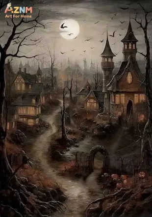 AZNM Dark Witch's Black Cat Wall Art Poster Halloween Gothic Crow Haunted House Canvas Printmaking Living Room Home Autumn Decor - view 6