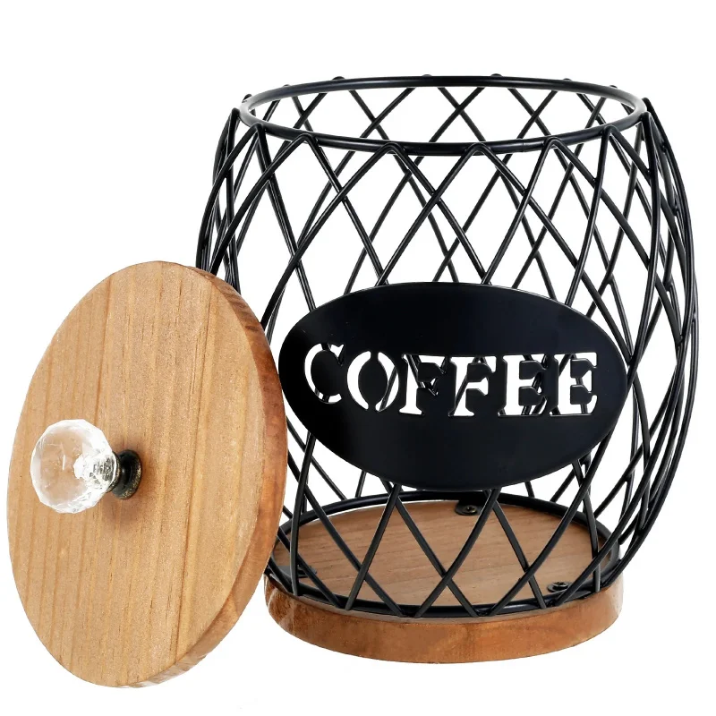 Metal Coffee Pod Basket Holder Large Capacity with Dust Cover Hollow Design Organizer for Kitchen Storage Coffee Pods
