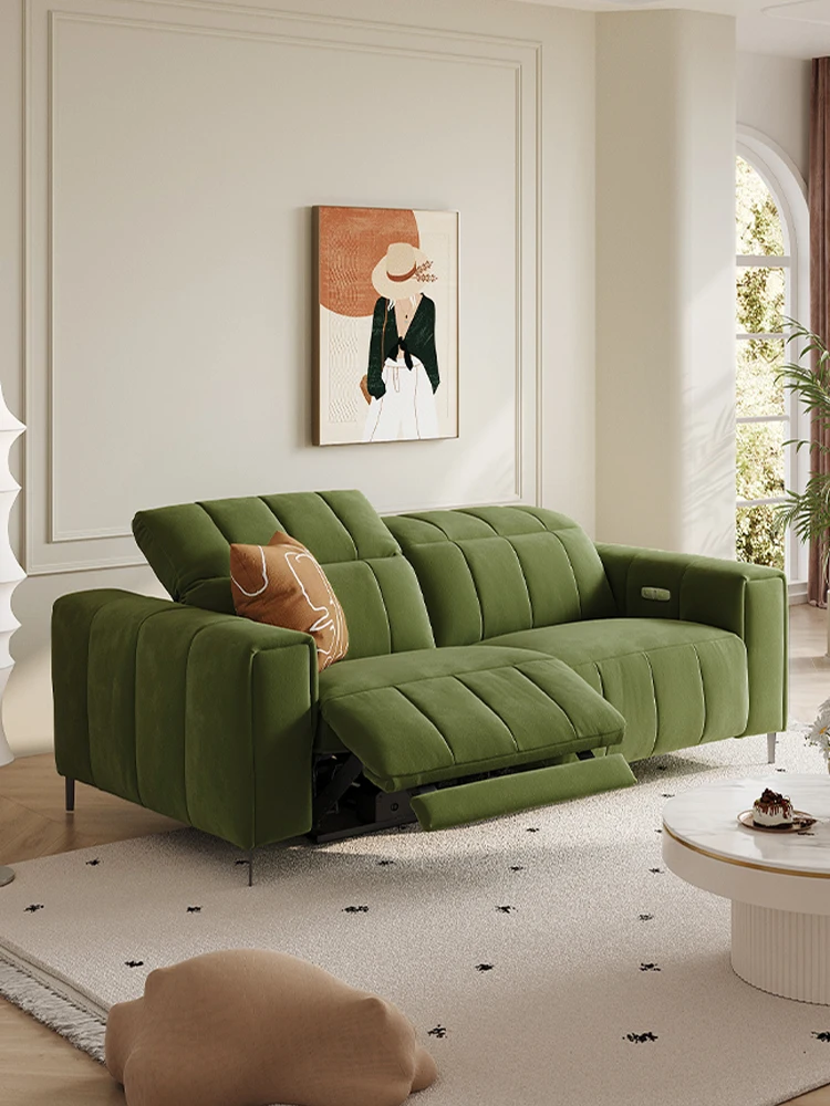 First Class Fabric Electric Functional Sofa Green Straight Three-Seat