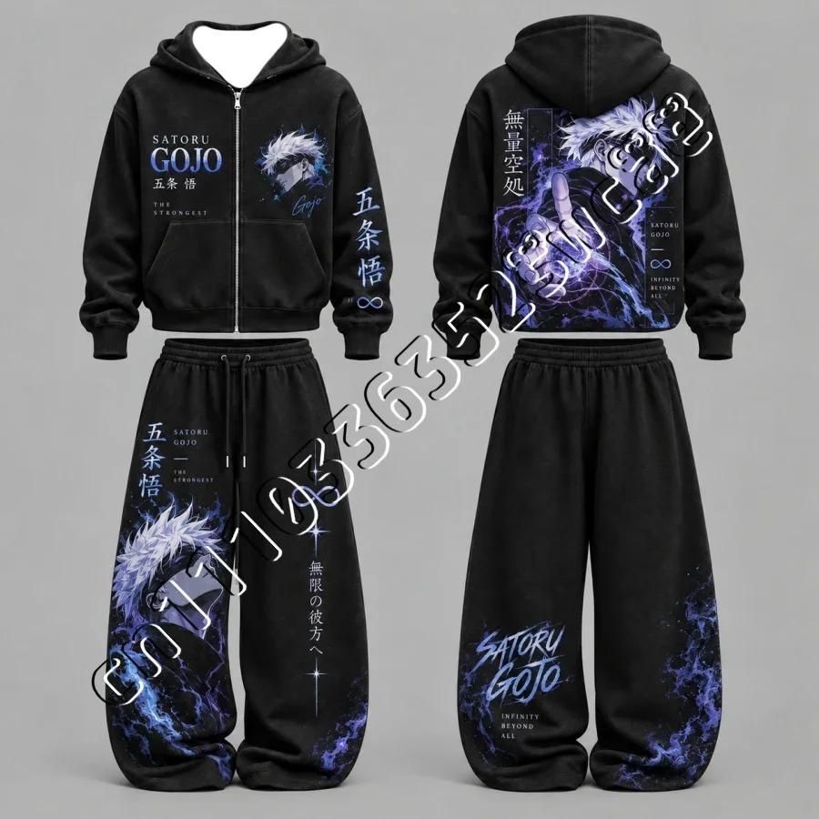 Jujutsu Kaisen Tracksuit, Autumn Winter Zip Up Hoodie  Wide Leg Pants Set, Unisex Anime Character Hooded Outfit FamilyMatching