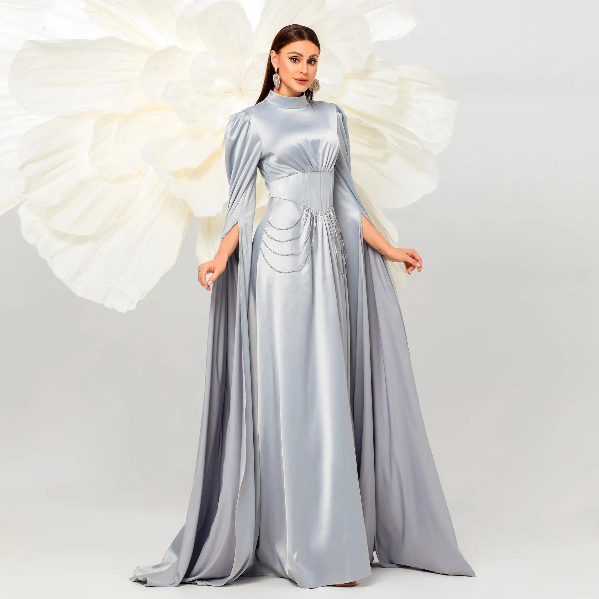 Elegant Long Sleeve Evening Gown Midi Dress High Waist round Neck Bridalmaid Dress Formal Party Wear Ultra Long Tunic Dress