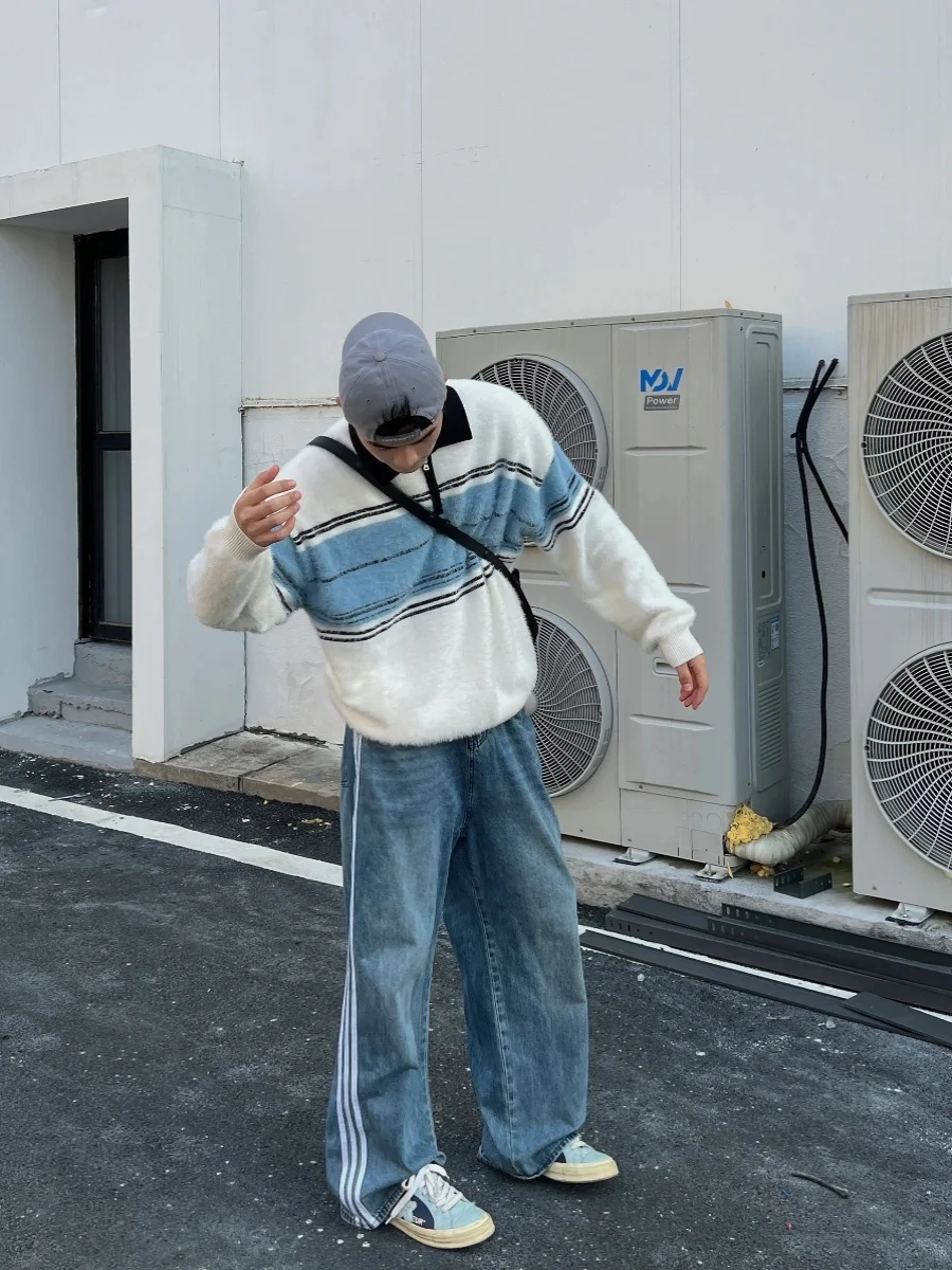 

Мужской вязаный свитер в американском ретро-стиле, белый, осенне-зимний, модный, в уличном стиле, с воротником на молнии до середины, повседневный, свободного кроя