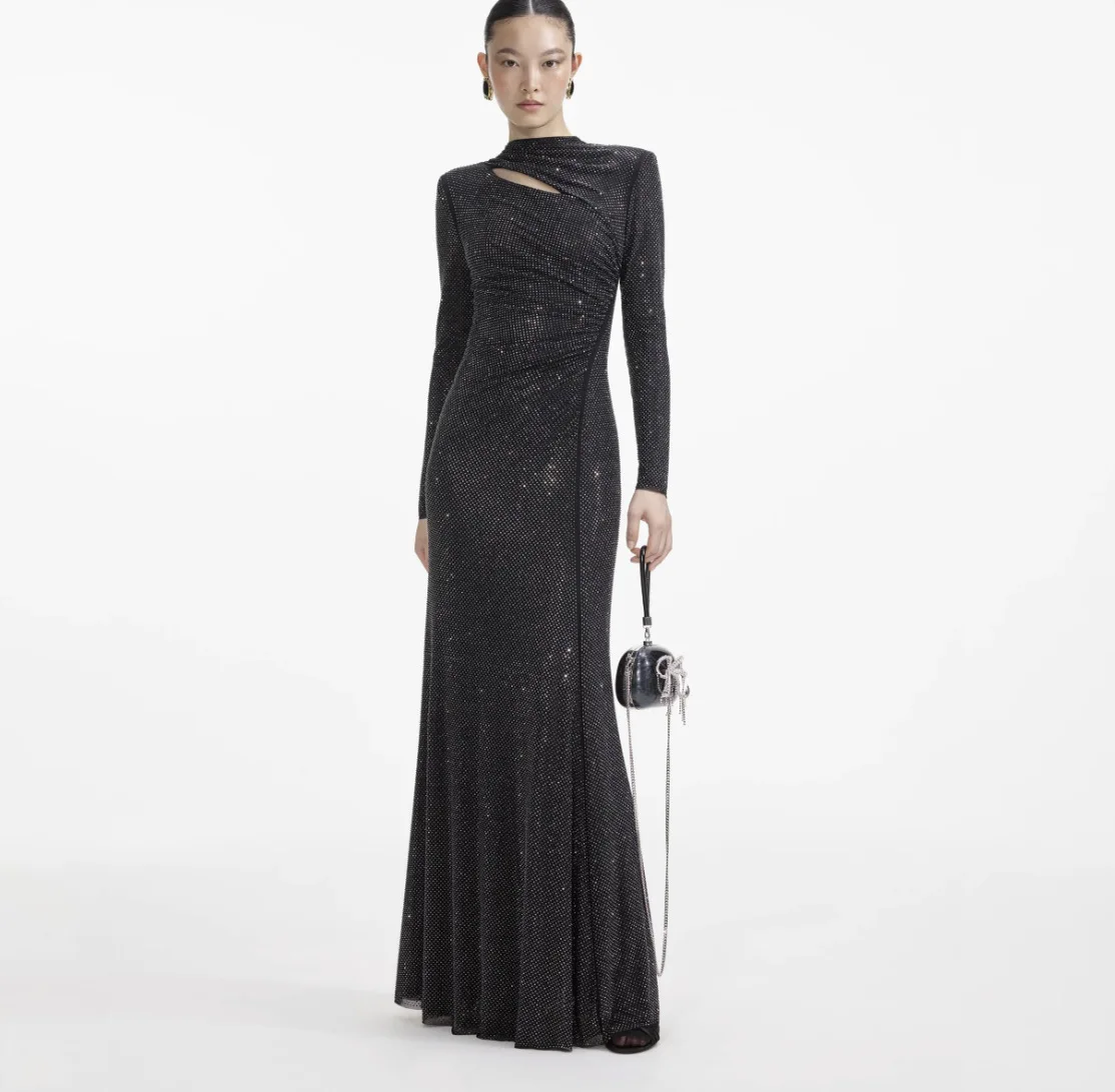 

Shiny Crystals Prom Dress Sexy Hollow High Neck Full Sleeves Long Sheath Party Gown Formal Wedding Guest Birthday Evening Robe