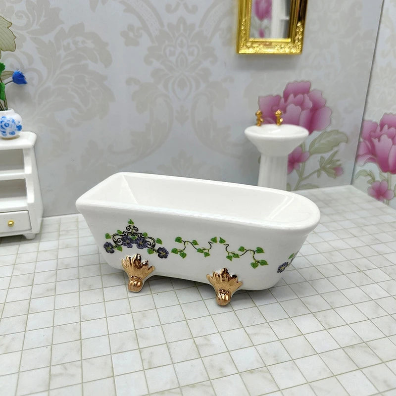 1:12 Dollhouse Miniature Ceramic Bathtub Model Doll Home Bathroom Furniture Decor Toy Dolls House Micro Scene Ornament