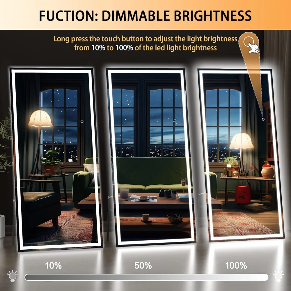 Full Length Mirror with Lights,Tempered Lighted Floor Standing LED Mirror Full Length, Full Body Mirror with Dimming