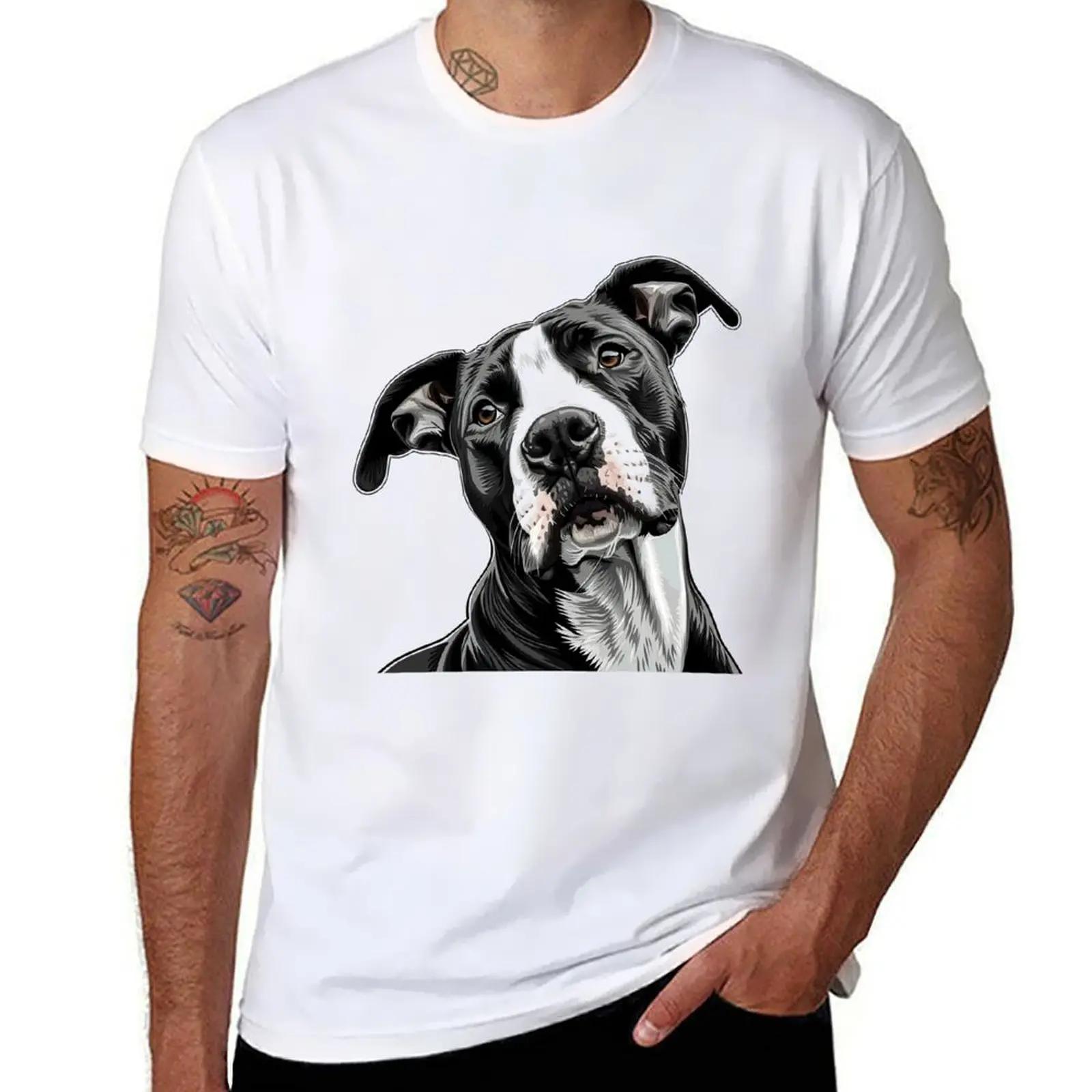 

a black and white pitbull with straight long T-Shirt t shirts for man slim fit T-Shirt
