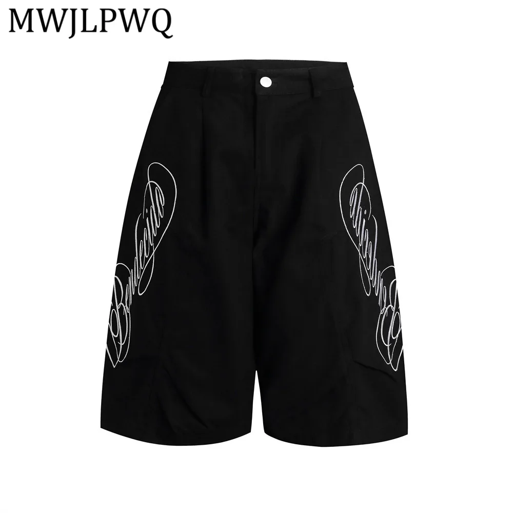 MWJLPWQ Embroidered Cursive Lettering Workwear Street Men's Cropped Pants Trendy Street Vibe Pleated Loose Wide-Leg Shorts 16470