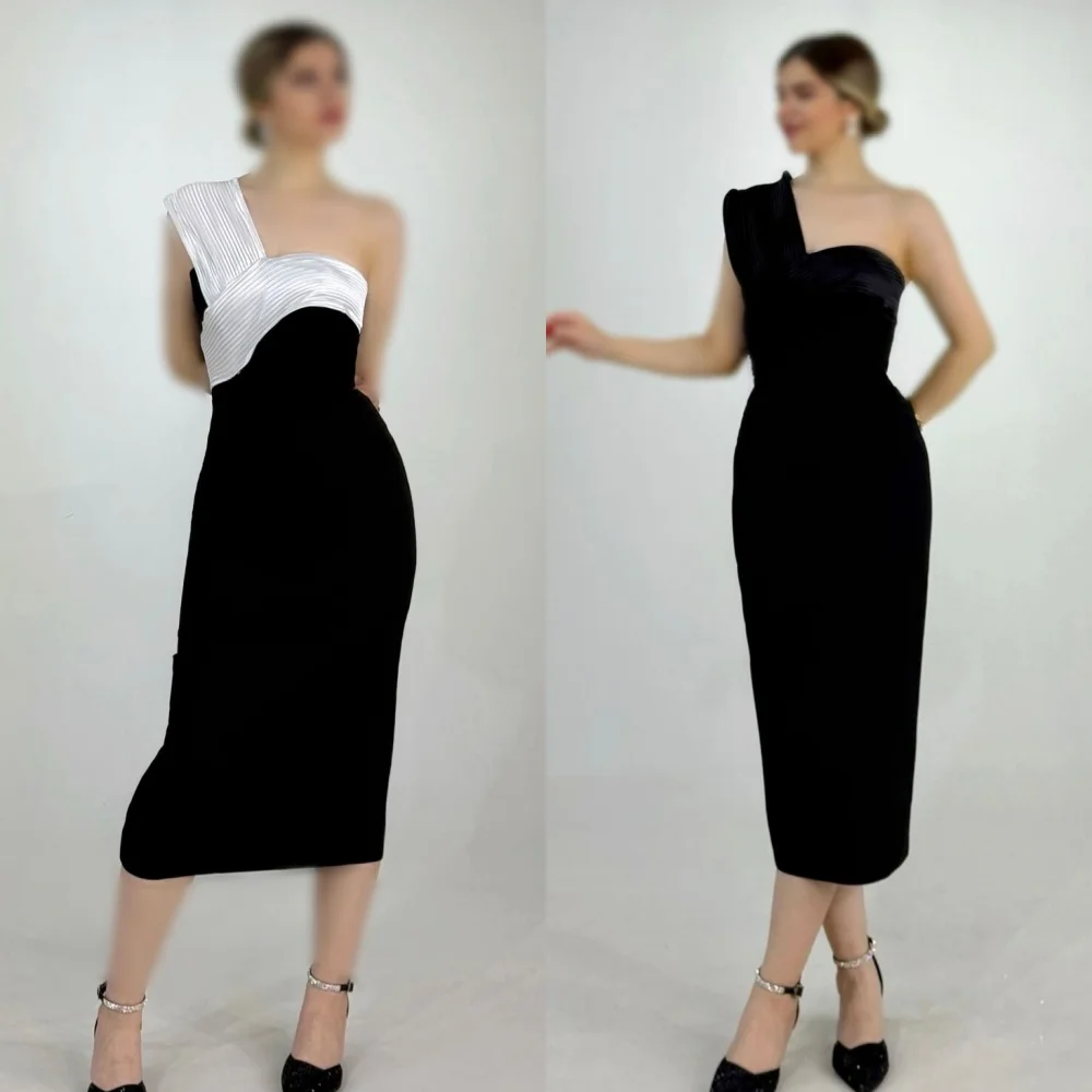 

Customized Fashion Matching Jersey Pleat Straight One-shoulder Tea Length Dresses Bespoke Occasion Dresses Modern Style Classic