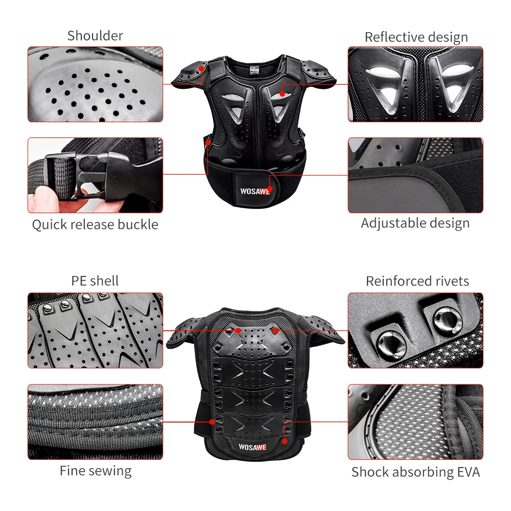 WOSAWE Youth Motorcycle Armor Vest Knee Elbow Pads Set Motocross Kids Chest Back Protector Body Guard