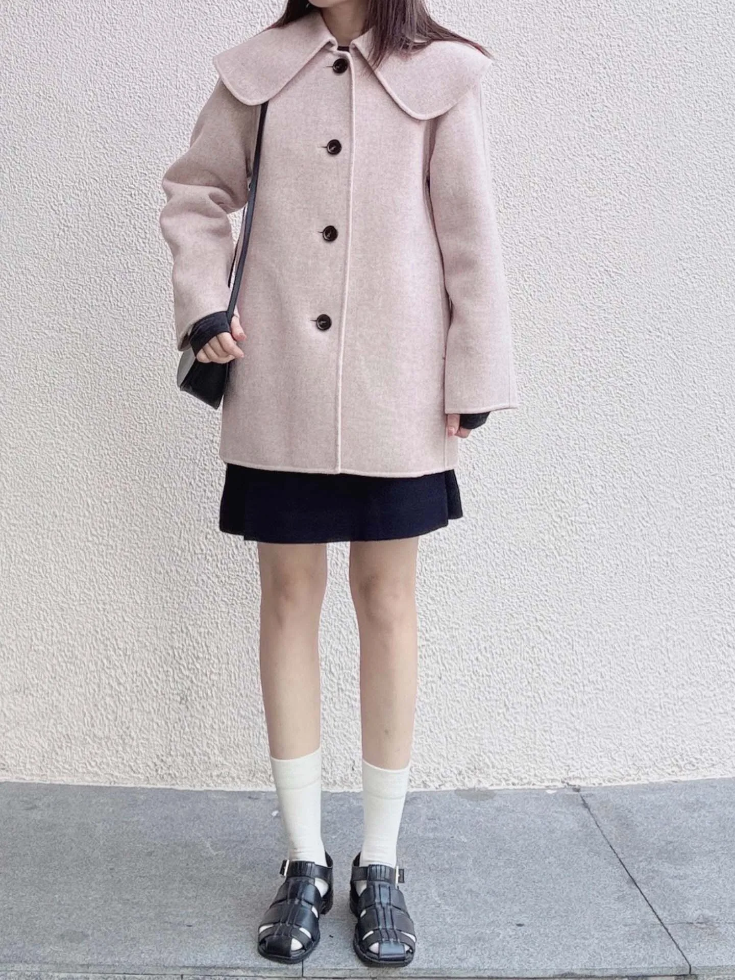 

Double-Faced Wool Jaet Stand Fit Turn-down Collar Indigo New Autumn Women's Faion OS Sle Sweet College Sle Thiened