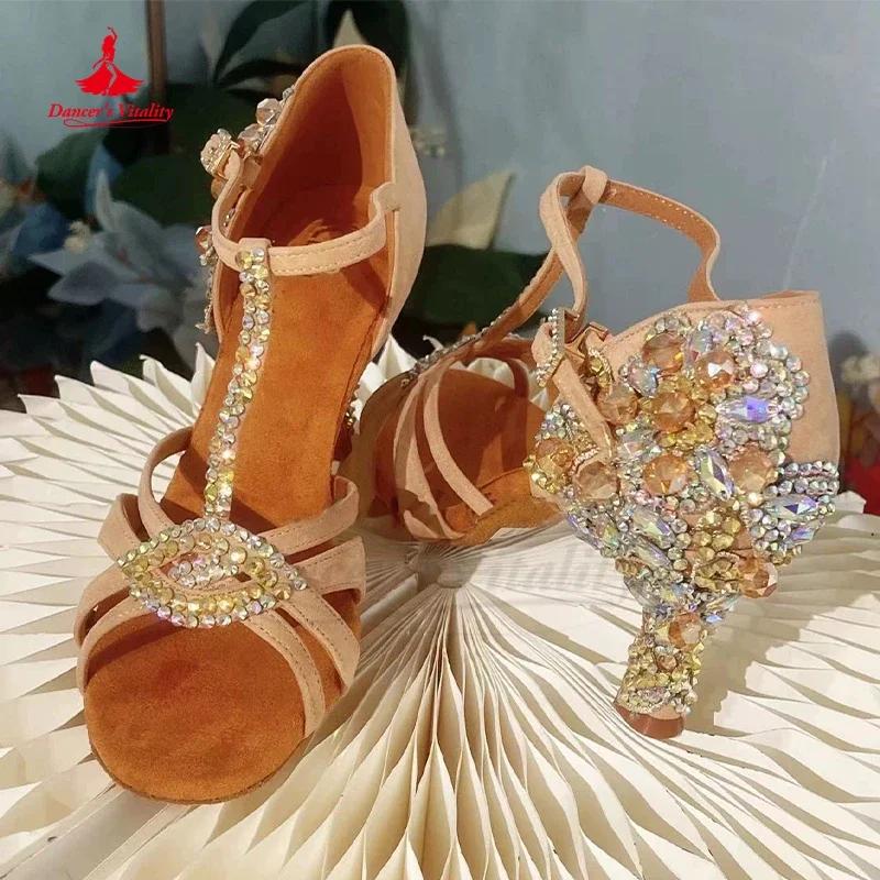 Dance Shoes with Diamond New Latin Dance Shoes Factory Customized Adult Women\'s Indoor Anti Slip Sole Rumba Chacha Latin Shoes