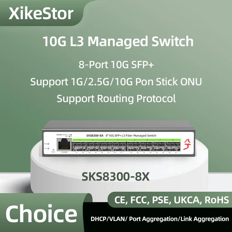 XikStor 8 Ports 10-gigabit SFP+ L3 Managed Network Switch Support DHCP Dynamic Routing Support VLAN Division Port Aggregation